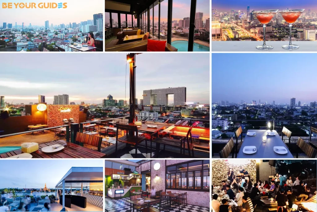 Friends enjoying drinks at Legend Roof Bar rooftop with Bangkok skyline at night