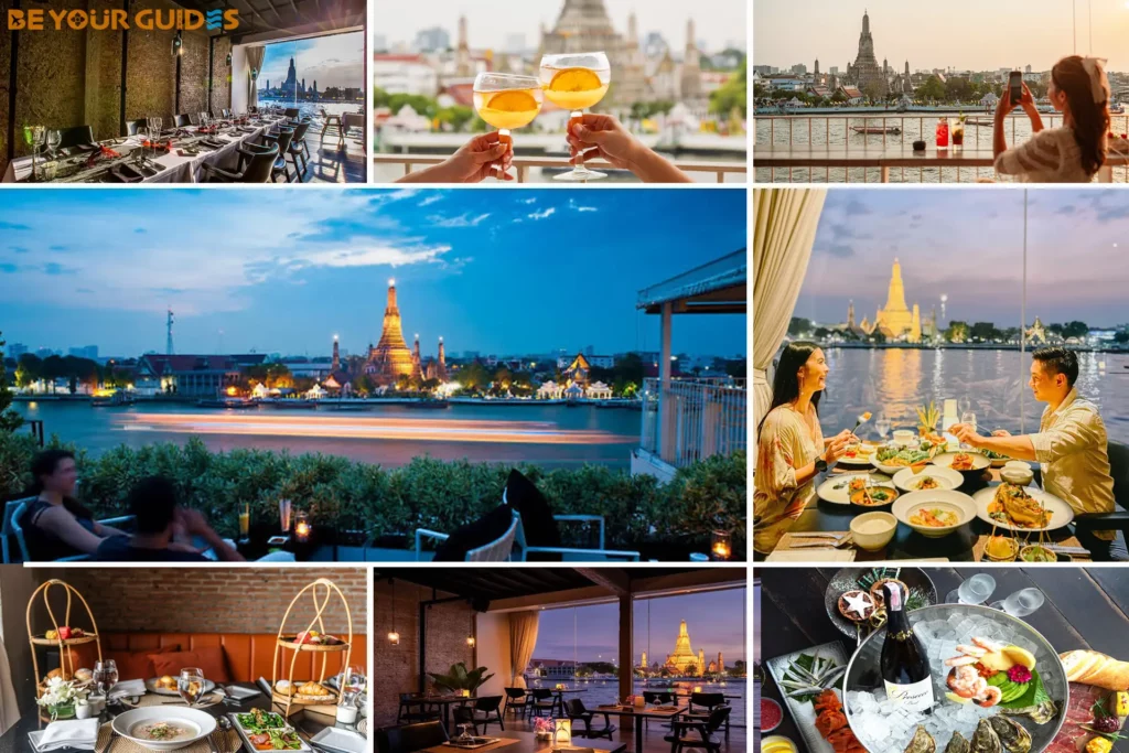 Cocktail with illuminated Wat Arun temple view at night from Sala Rattanakosin rooftop