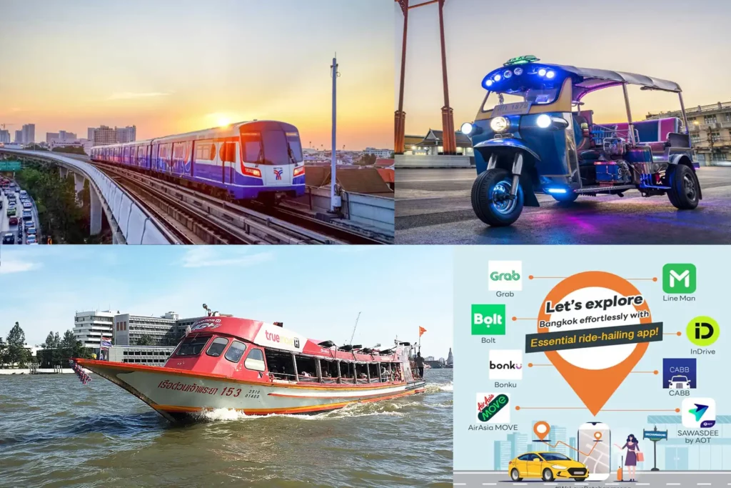 Transportation Bangkok MRT BTS Sky Train Tuk Tuk Chao Phraya River Express Boat Bangkok Ride Sharing Apps