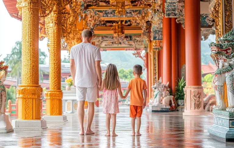 Family Trip in Bangkok: A father walks hand-in-hand with his two young children through the ornate golden corridors of a traditional Thai temple in Bangkok