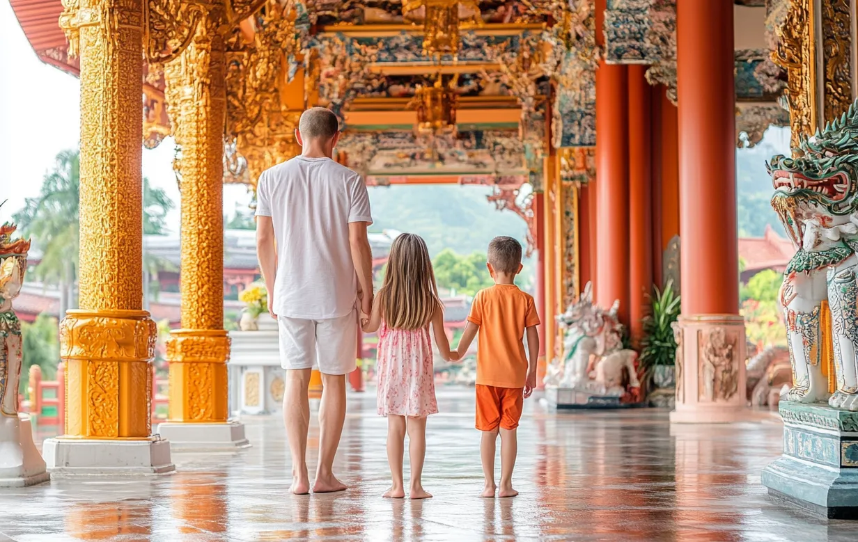 Family Trip in Bangkok: A father walks hand-in-hand with his two young children through the ornate golden corridors of a traditional Thai temple in Bangkok