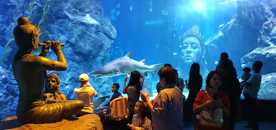 Kids and parents enjoying the amazing shark tunnel experience at Bangkok's SEA LIFE aquarium