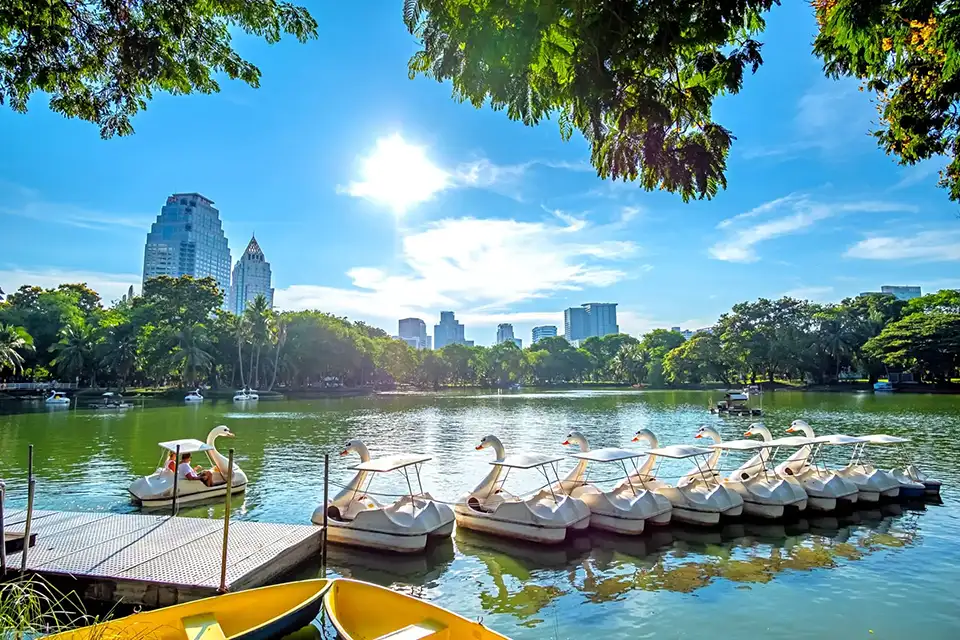Green trees, gentle water, and swan boats—Lumphini Park offers quiet charm in central Bangkok.