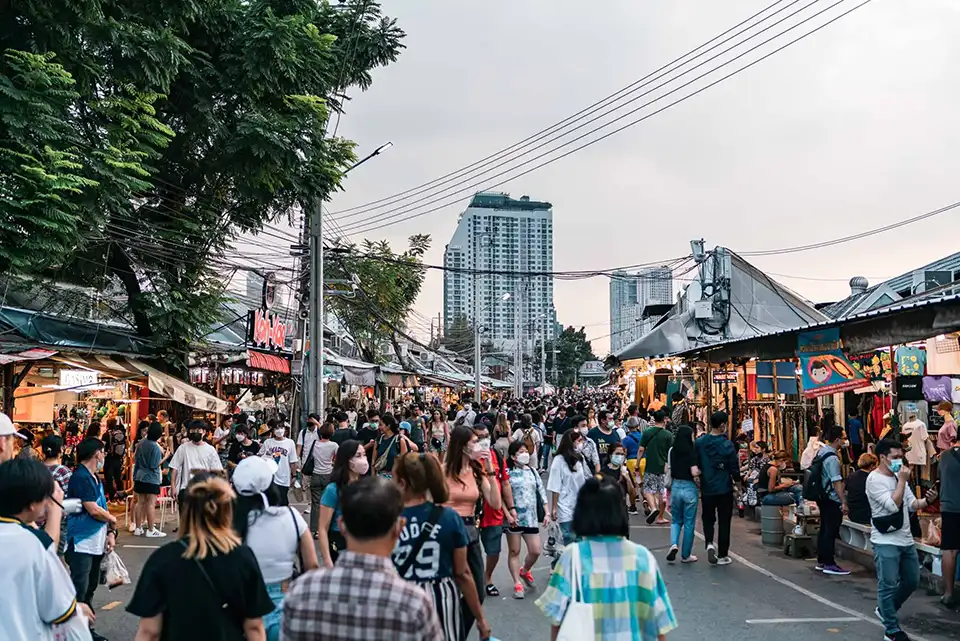Packed walkways and colorful stalls—Chatuchak offers endless finds for budget-savvy explorers.