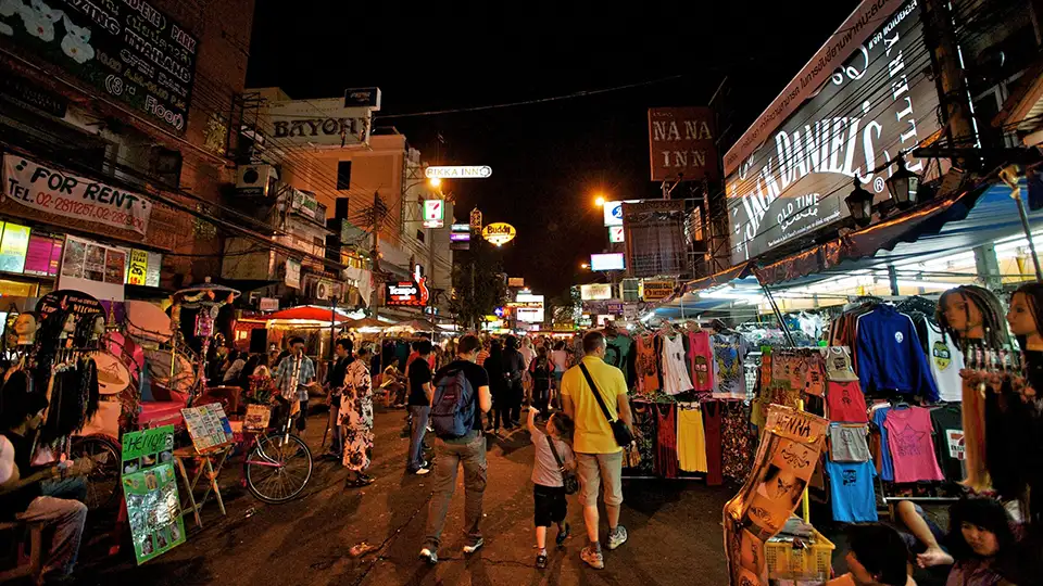 Khao San Road at night—colorful, crowded, and full of urban character.