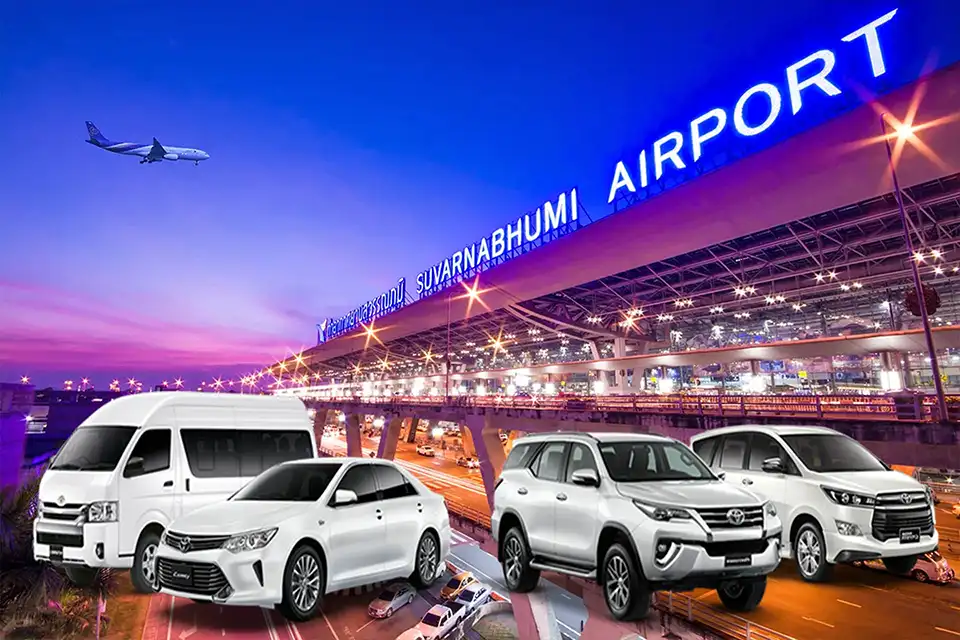Airport transfer service showing sedans, SUVs, and vans available for pickup at Suvarnabhumi Airport in Bangkok