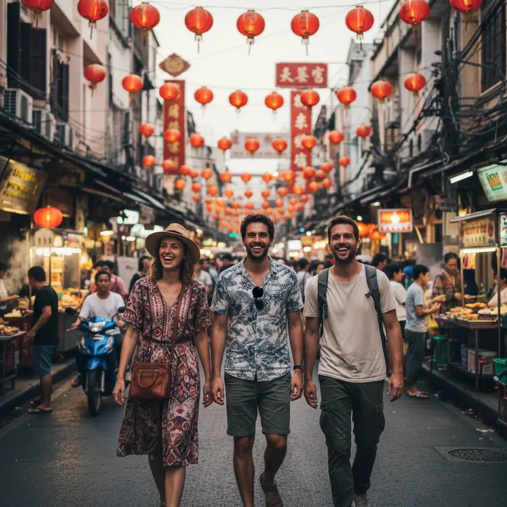 Group of tourists explore Chinatown in Bangkok on a vibrant street lined with food stalls and red lanterns