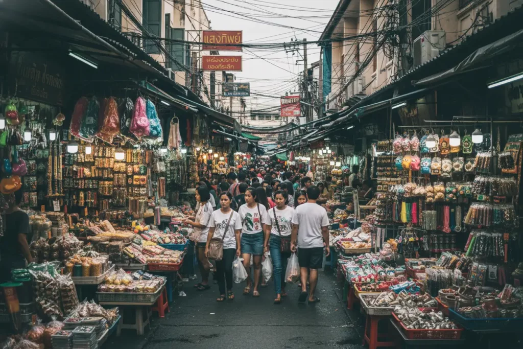 Busy day at Sampeng Market as people explore Chinatown in Bangkok, walking between colorful stalls packed with goods