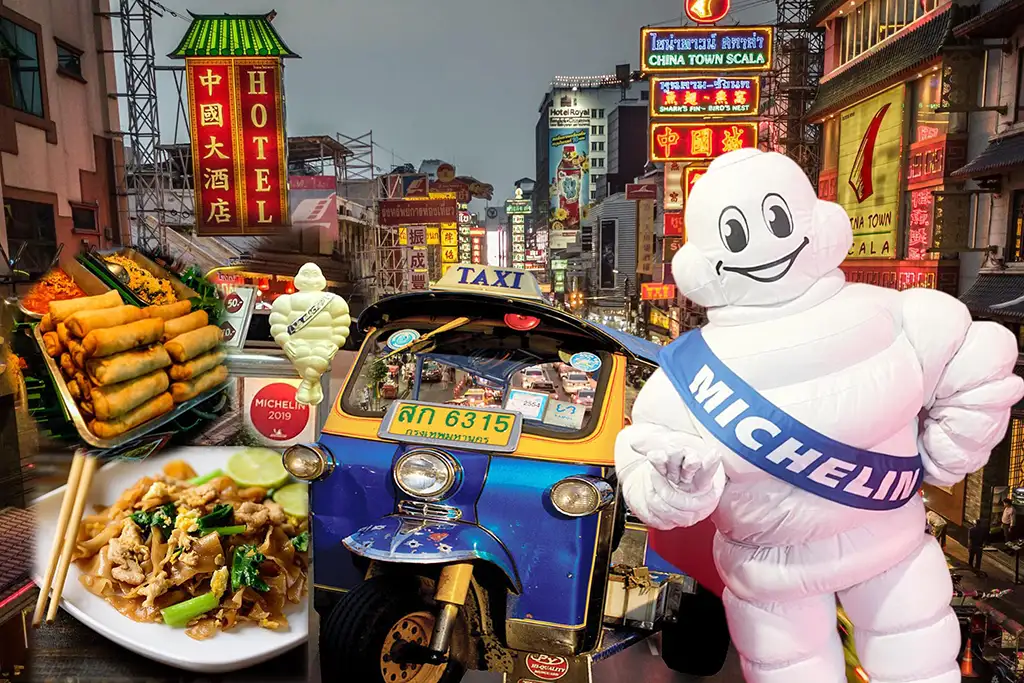 Fun street food scene with the Michelin Man promoting dishes to explore Chinatown in Bangkok's culinary offerings