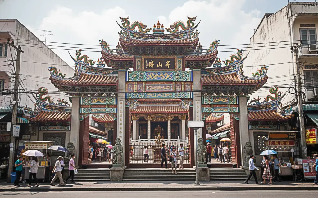 People visiting the elaborately decorated Wat Mangkorn temple to explore Chinatown in Bangkok's cultural sites
