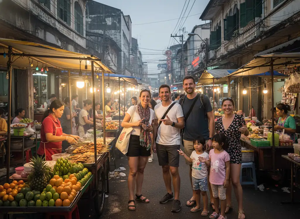 Tourists and families explore Chinatown in Bangkok's Talad Noi area, walking through vibrant street stalls selling fresh fruit and grilled food