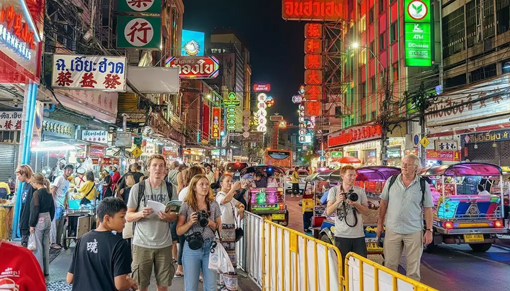 Night scene as travelers explore Chinatown in Bangkok on a tuk-tuk tour, walking alongside vibrant Thai and Chinese signage