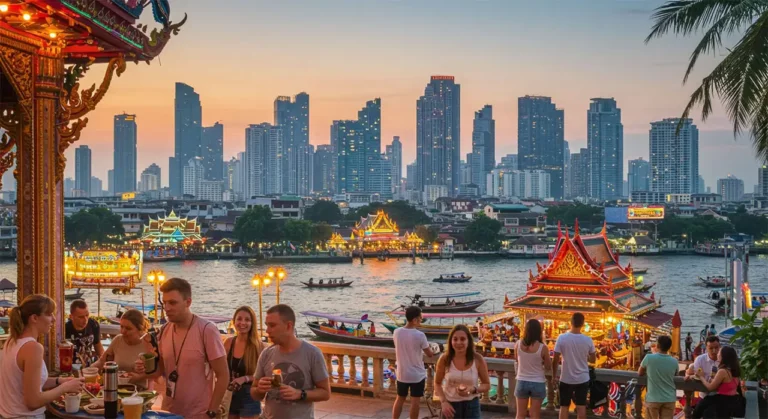 Family Trip in Pattaya – 10 Best Things to Do in One Day (2025 Guide)-Families and tourists gather at a riverside restaurant terrace in Pattaya, watching traditional longtail boats pass by during golden hour