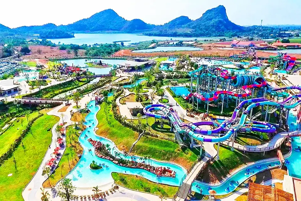 Family Trip in Pattaya: Expansive aerial shot of Ramayana Water Park in Pattaya showcasing multiple water attractions perfect for family fun