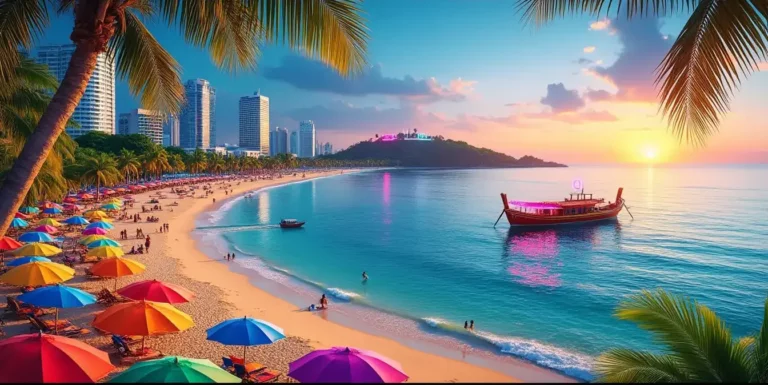 Pattaya photo spots: Vibrant Pattaya Beach scene featuring rainbow beach umbrellas, traditional Thai longtail boat in turquoise waters, and modern hotels along the coastline at golden hour