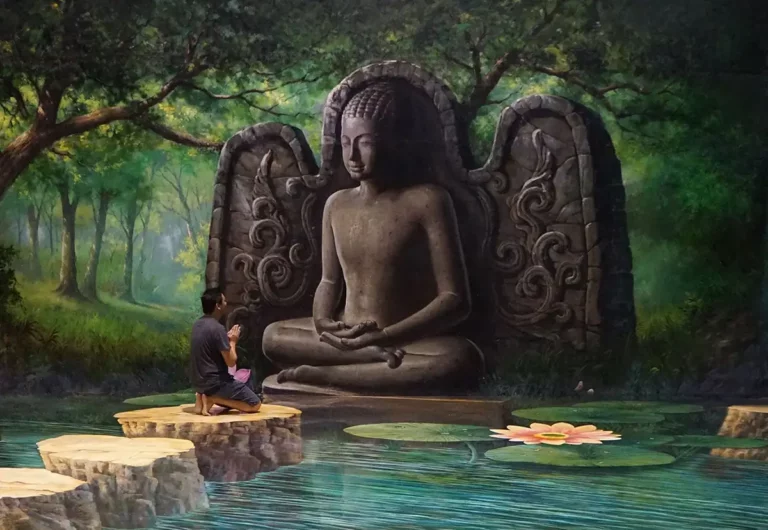 Visitors kneel before a lifelike Buddha sculpture—Art in Paradise Pattaya’s tranquil illusion
