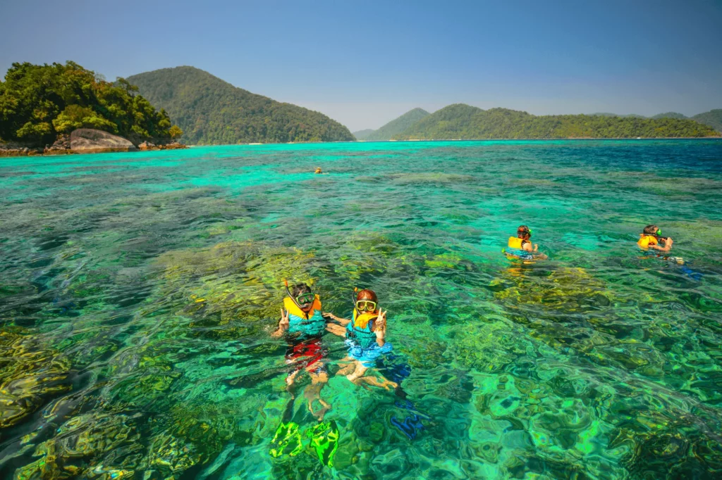 Snorkelers exploring vibrant coral reefs in the crystal-clear turquoise waters of Phang Nga, with forested islands visible in the background