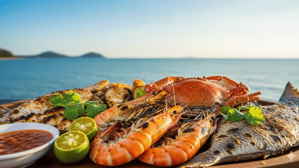 Fresh grilled seafood platter with crab, prawns, and fish served with lime slices and dipping sauce against an ocean backdrop
