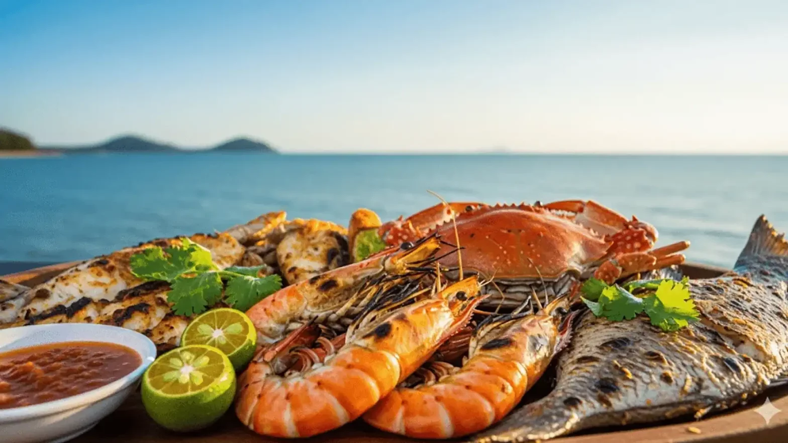 Fresh grilled seafood platter with crab, prawns, and fish served with lime slices and dipping sauce against an ocean backdrop