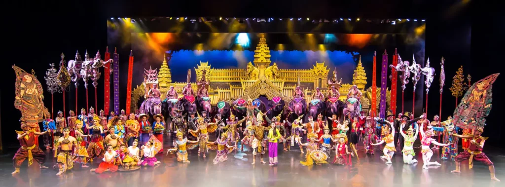 Phuket Cultural Shows: Spectacular Phuket FantaSea cultural shows featuring dozens of performers in colorful Thai costumes with elephants and golden temple backdrop