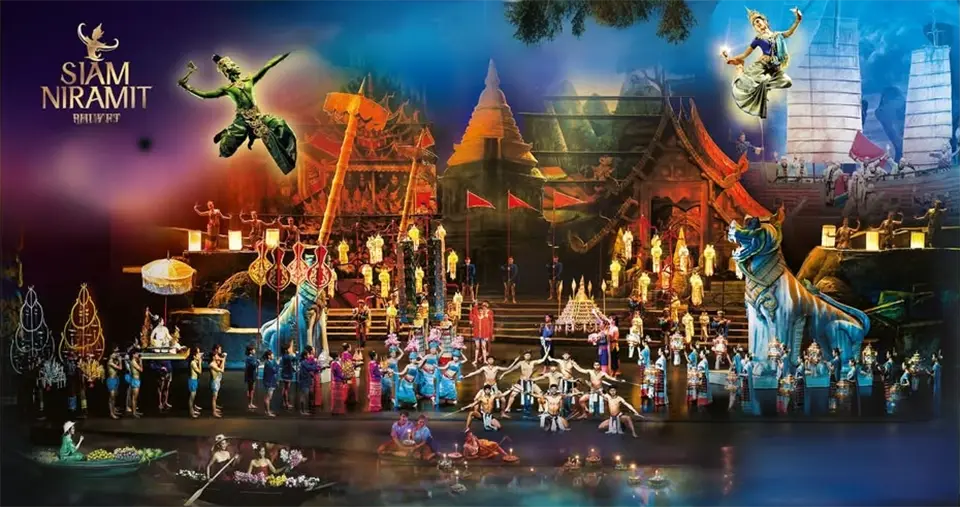 Phuket Cultural Shows: Siam Niramit Phuket cultural show with elaborate multi-level stage set and traditional Thai performers