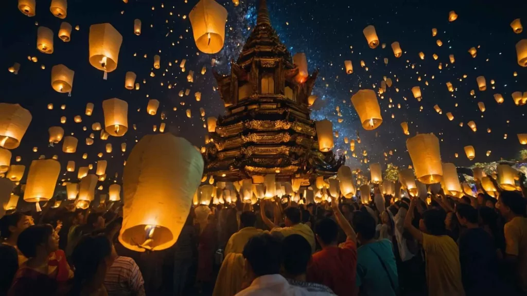 Hundreds of sky lanterns floating above a Thai temple during Loy Krathong celebration