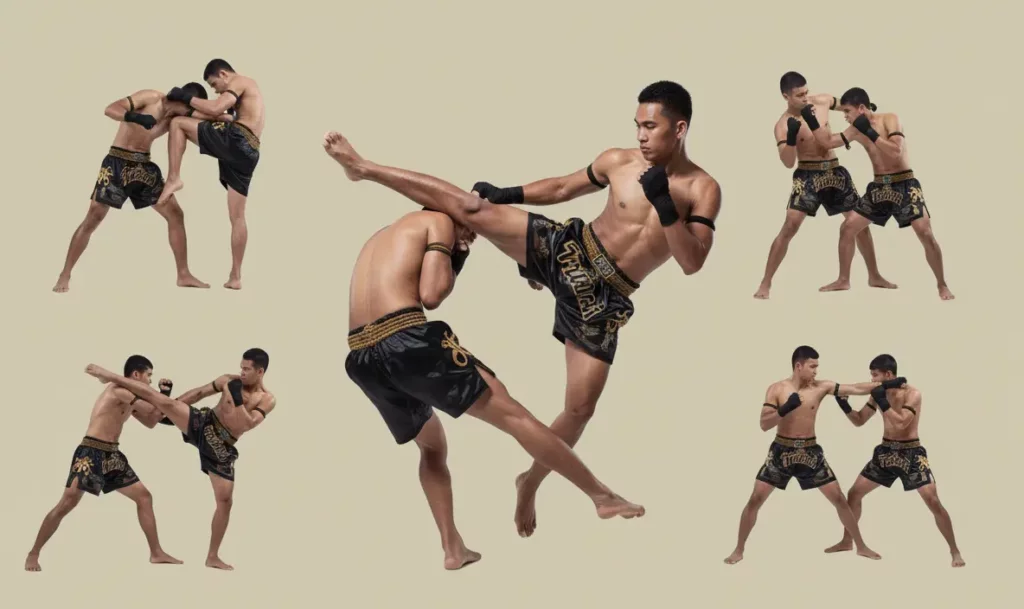 Thai boxing: Muay Thai training sequence showing fundamental fighting movements