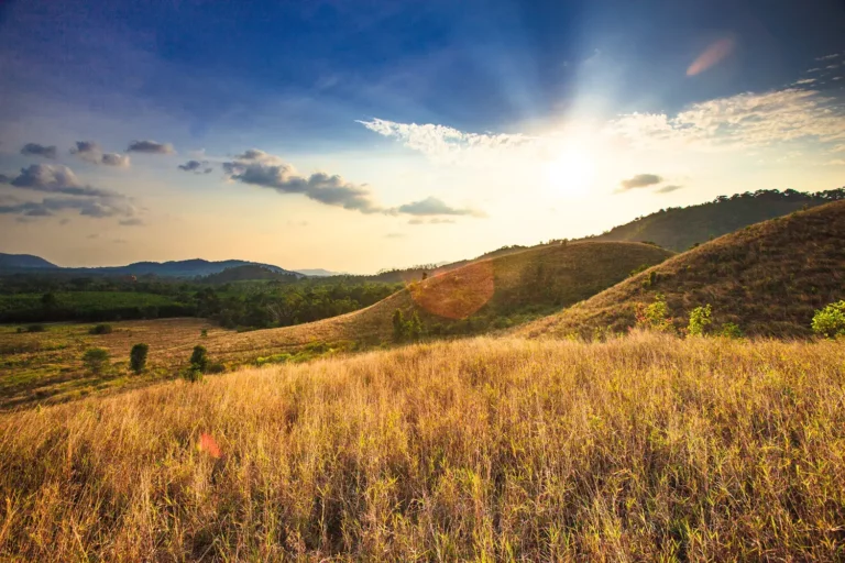 Hidden Thailand: Sunset over rolling hills and golden grasslands at Phu Khao Ya, Thailand