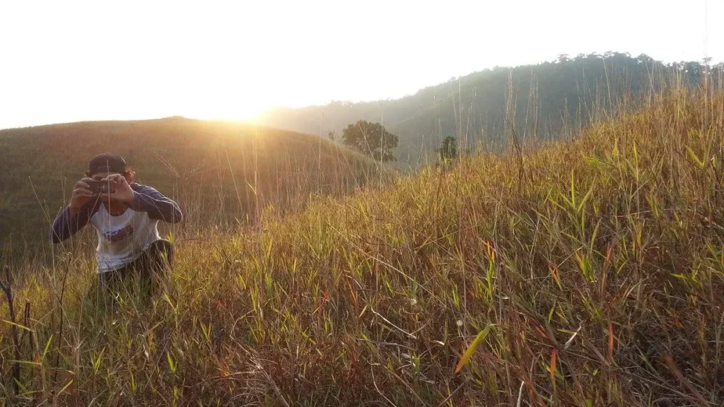 Hidden Thailand: Traveler photographing the sunset over grasslands at Phu Khao Ya, Ranong