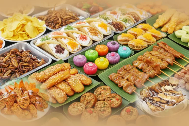 Colorful assortment of Thai snacks including grilled skewers, spring rolls, rice cakes, and crispy bites, beautifully arranged on banana leaves.
