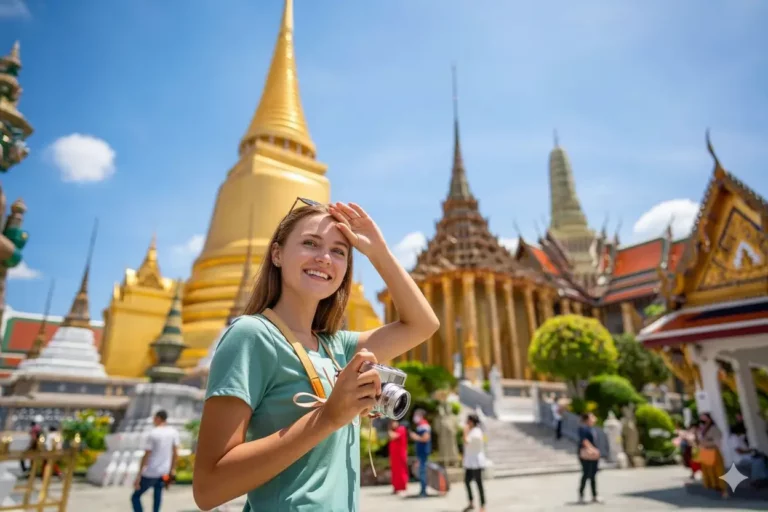 Budget Travel Thailand: A smiling young woman holding a camera, shielding her eyes from the sun, with the golden spires of Thailand's Wat Phra Kaew temple complex in the background under a clear blue sky.